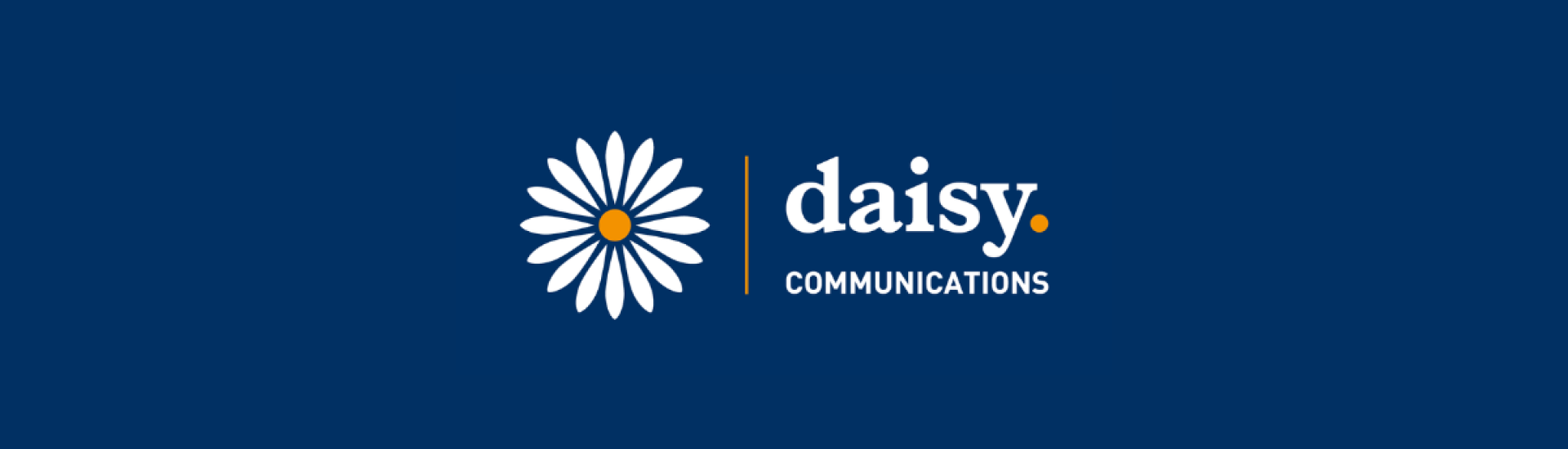 Blue background with illustration of white flower and letters saying daisy communications