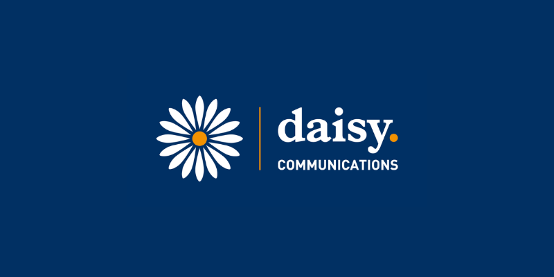Blue background with illustration of white flower and letters saying daisy communications