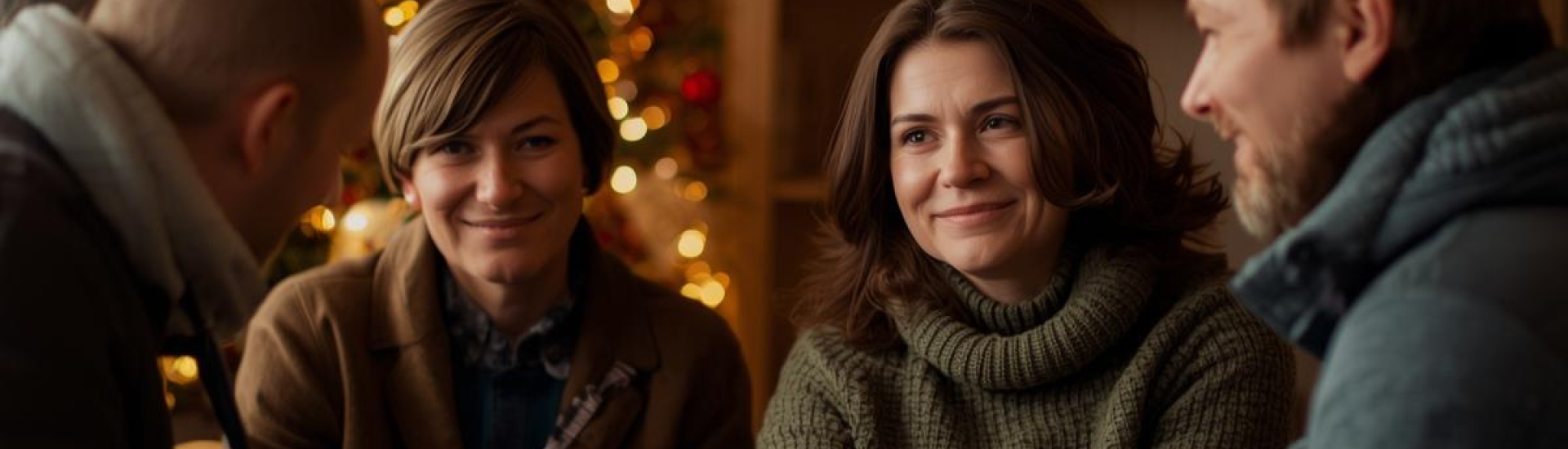 Four people sitting closely together indoors, holding hands in a supportive gesture. The background features a warmly lit Christmas tree decorated with ornaments and lights, along with shelves displaying festive decorations. The scene conveys a cozy holiday setting with an emphasis on connection and support.
