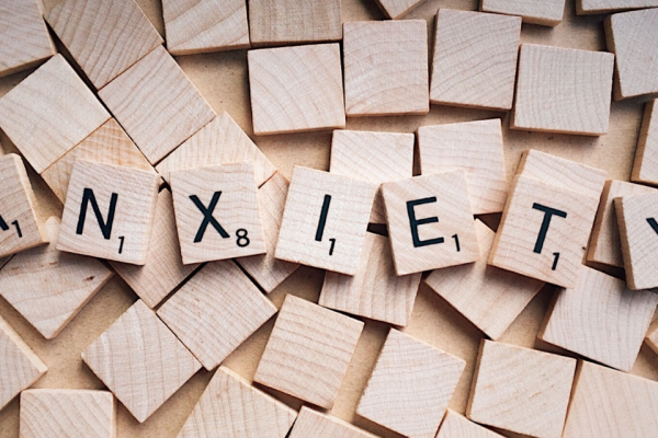 Anxiety spelled in scrabble tiles