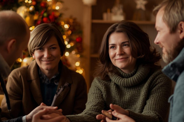 Four people sitting closely together indoors, holding hands in a supportive gesture. The background features a warmly lit Christmas tree decorated with ornaments and lights, along with shelves displaying festive decorations. The scene conveys a cozy holiday setting with an emphasis on connection and support.